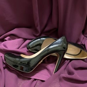 Prada black patent leather platform heels